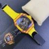 Richard Mille RM27-03 Tourbillon Full Carbon 44mm watch with a skeletonized dial, full carbon tonneau case, manual-winding movement, and black rubber strap.