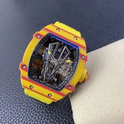 Richard Mille RM27-03 Tourbillon Full Carbon 44mm watch with a skeletonized dial, full carbon tonneau case, manual-winding movement, and black rubber strap.