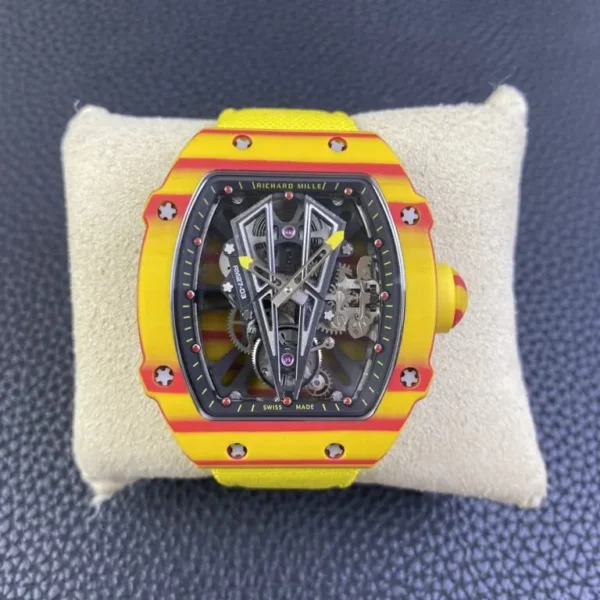 Richard Mille RM27-03 Tourbillon Full Carbon 44mm watch with a skeletonized dial, full carbon tonneau case, manual-winding movement, and black rubber strap.