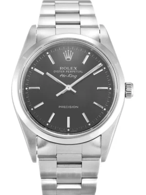 Rolex Air-King 34mm Black Dial 14000 Super Clone Rolex Air-King 34mm Black Dial 14000 with a stainless steel Oyster case, smooth polished bezel, black dial, sapphire crystal, automatic movement, and Oyster bracelet