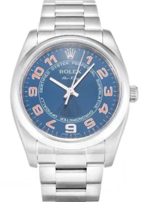 Rolex Air-King 34mm Blue Dial 114200 Super Clone with a stainless steel Oyster case, smooth polished bezel, blue dial, sapphire crystal, automatic movement, and Oyster bracelet.