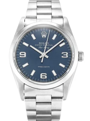 Rolex Air-King 34mm Blue Dial 14000 Super Clone Rolex Air-King 34mm Blue Dial 14000 Super Clone with a stainless steel Oyster case, smooth polished bezel, blue dial, sapphire crystal, automatic movement, and Oyster bracelet.