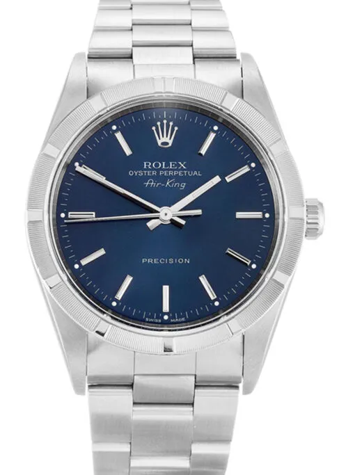 Rolex Air-King 34mm Blue Dial 14010M Super Clone Authentic Rolex Air-King 14010M 34mm stainless steel watch with blue dial, engine-turned bezel, and Oyster bracelet.