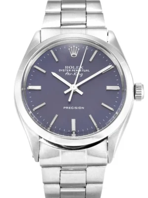 Rolex Air-King 34mm Blue Dial 5500 Super Clone with a stainless steel Oyster case, smooth polished bezel, blue dial, acrylic-style crystal, automatic movement, and Oyster bracelet.