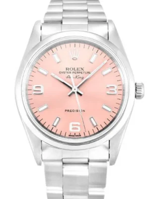 Rolex Air-King 34mm Pink Dial 14000-2 Super Clone Rolex Air-King 34mm Pink Dial 14000-2 Super Clone with a stainless steel Oyster case, smooth polished bezel, pink dial, sapphire crystal, automatic movement, and Oyster bracelet.