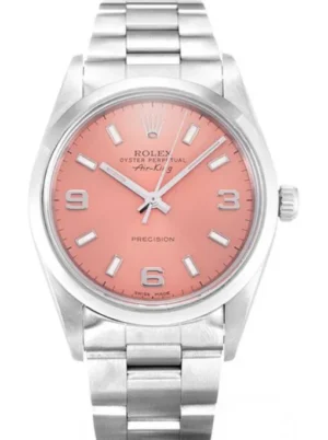 Rolex Air-King 34mm Pink Dial 14000 Super Clone Rolex Air-King 34mm Pink Dial 14000 Super Clone with a stainless steel Oyster case, smooth bezel, automatic movement, sapphire crystal, and Oyster bracelet.
