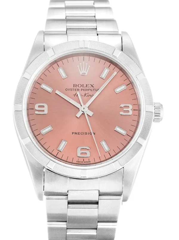 Rolex Air-King 34mm Salmon Dial 14010M-2 Super Clone Rolex Air-King 34mm Salmon Dial 14010M-2 Super Clone with a stainless steel Oyster case, engine-turned bezel, salmon dial, sapphire crystal, automatic movement, and Oyster bracelet.