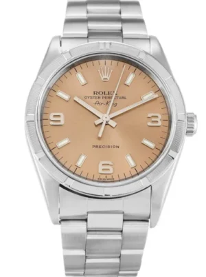 Rolex Air-King 34mm Salmon Dial 14010M with a stainless steel Oyster case, engine-turned bezel, salmon dial, sapphire crystal, and Oyster bracelet.