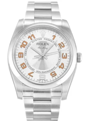Rolex Air-King 34mm Silver Dial 114200 Super Clone with a stainless steel Oyster case, smooth polished bezel, silver dial, sapphire crystal, automatic movement, and Oyster bracelet.