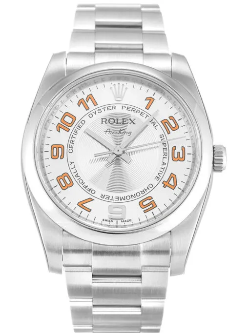 Rolex Air-King 34mm Silver Dial 114200 Super Clone Rolex Air-King 34mm Silver Dial 114200 Super Clone with a stainless steel Oyster case, smooth polished bezel, silver dial, sapphire crystal, automatic movement, and Oyster bracelet.