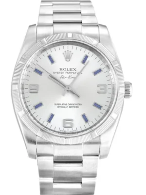 Rolex Air-King 34mm Silver Dial 114210-2 with a stainless steel Oyster case, engine-turned bezel, silver dial, sapphire crystal, automatic movement, and Oyster bracelet.