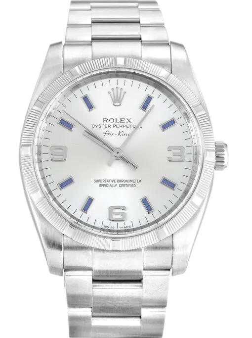 Rolex Air-King 34mm Silver Dial 114210-2 Rolex Air-King 34mm Silver Dial 114210-2 with a stainless steel Oyster case, engine-turned bezel, silver dial, sapphire crystal, automatic movement, and Oyster bracelet.
