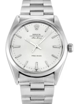 Rolex Air-King 34mm Silver Dial 5500 Rolex Air-King 34mm Silver Dial 5500 with a stainless steel Oyster case, smooth polished bezel, silver dial, acrylic-style crystal, automatic movement, and Oyster bracelet.