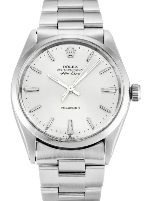 Rolex Air-King 34mm Silver Dial 5500 Rolex Air-King 34mm Silver Dial 5500 with a stainless steel Oyster case, smooth polished bezel, silver dial, acrylic-style crystal, automatic movement, and Oyster bracelet.