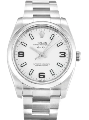 Rolex Air-King 34mm White Dial 114200 Super Clone Rolex Air-King 34mm White Dial 114200 Super Clone with a stainless steel Oyster case, smooth bezel, automatic movement, sapphire crystal, white dial, and Oyster bracelet.