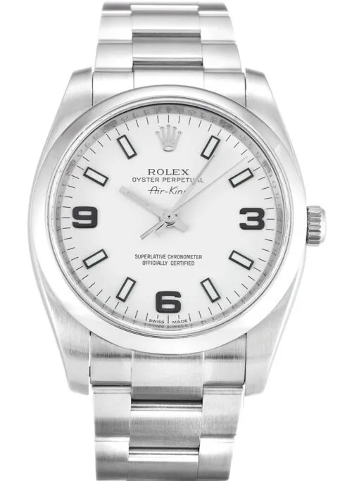 Rolex Air-King 34mm White Dial 114200 Super Clone with a stainless steel Oyster case, smooth bezel, automatic movement, sapphire crystal, white dial, and Oyster bracelet.