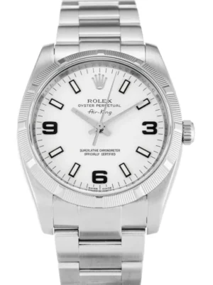 Shop Rolex Air-King 34mm White Dial 114210 Super Clone featuring a stainless steel case, Rolex Calibre 3130 automatic movement, sapphire crystal,