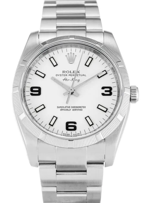 Rolex Air-King 34mm White Dial 114210 Super Clone Shop Rolex Air-King 34mm White Dial 114210 Super Clone featuring a stainless steel case, Rolex Calibre 3130 automatic movement, sapphire crystal,