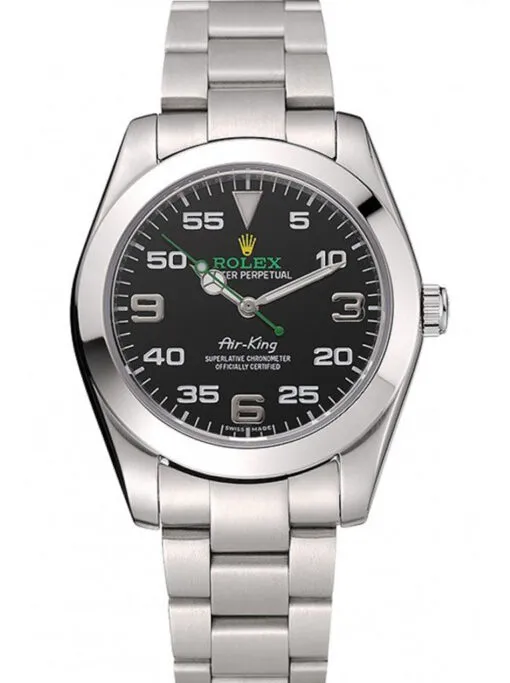 Rolex Air-King 38mm Black Dial 1454020 Super Clone Rolex Air-King 38mm Black Dial 1454020 Super Clone with a stainless steel Oyster case, smooth polished bezel, black dial, sapphire crystal, automatic movement, and Oyster bracelet.