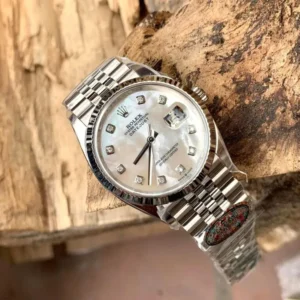 Rolex DateJust 41mm with a Natural Mother of Pearl Dial and Moissanite Markers.