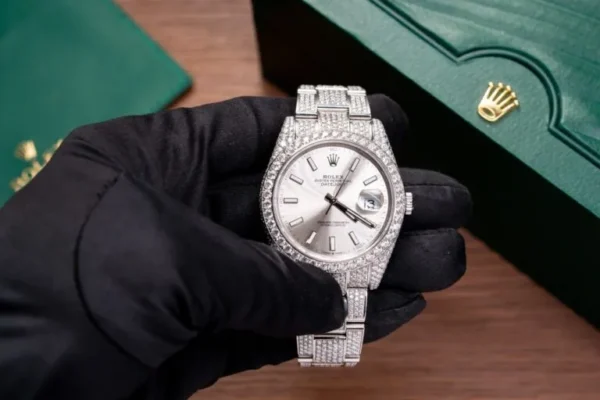 Rolex Datejust 126334 With Full Diamond Moissanite 41mm Rolex Datejust 126334 41mm with a Full Diamond Moissanite setting and custom luxury finish.