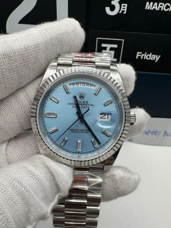 Rolex Day-Date 40 reference 128236 QF Factory Super Clone with an Ice Blue Dial, President bracelet, and approximately 175g weighted construction.