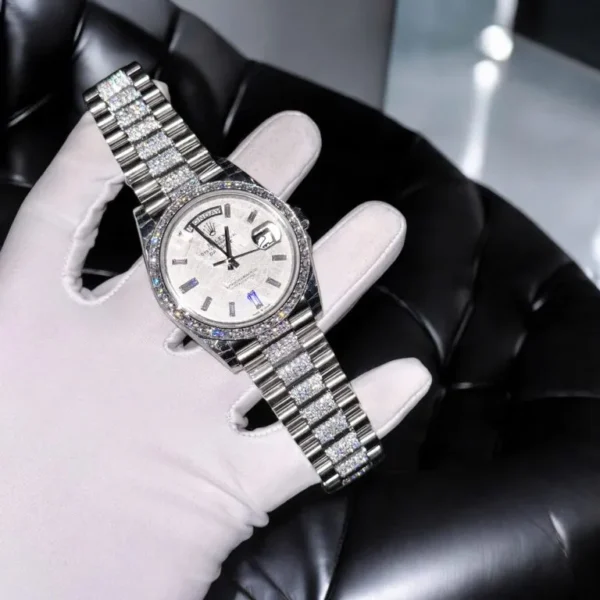 Rolex Day-Date 40mm Meteorite Dial with Moissanite Diamonds (Custom) Rolex Day-Date 40mm Custom Super Clone with a meteorite dial, custom moissanite diamonds, and President bracelet.