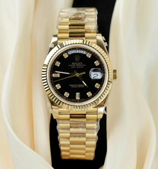 Rolex Day-Date Black Dial President Strap GM Factory 40mm Super Clone Rolex Day-Date 40mm GM Factory Super Clone with a black dial and President bracelet.