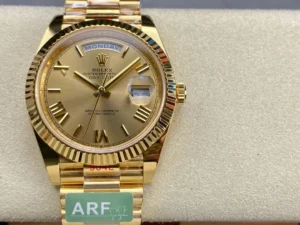 Rolex Daydate Presidential Gold Dial Roman Numerals Weighted Version Super Clone Rolex Day-Date Presidential Super Clone with a gold dial, Roman numeral hour markers, weighted construction, and President bracelet.