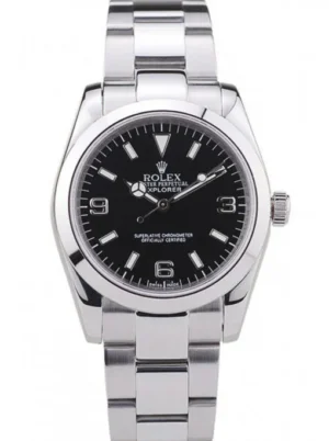 Rolex Explorer 26mm Black Dial 98089 Super Clone Rolex Explorer 26mm Black Dial 98089 Super Clone with a stainless steel case, smooth bezel, Oyster bracelet, and automatic movement.