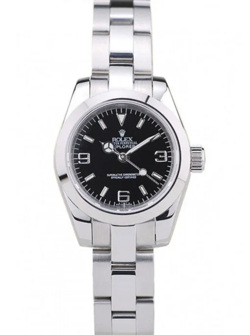 Rolex Explorer 26mm Black Dial SLR157 Super Clone Rolex Explorer 26mm Black Dial SLR157 Super Clone with a stainless steel case, smooth bezel, Oyster bracelet, and automatic movement.