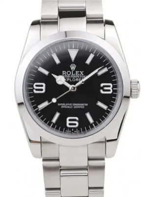 Rolex Explorer 36mm Black Dial 98087 Super Clone Rolex Explorer 36mm Black Dial 98087 Super Clone with a stainless steel case, smooth bezel, Oyster bracelet, and automatic movement.