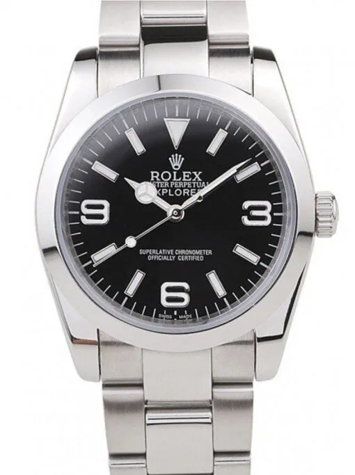 Rolex Explorer 36mm Black Dial 98087 Super Clone with a stainless steel case, smooth bezel, Oyster bracelet, and automatic movement.