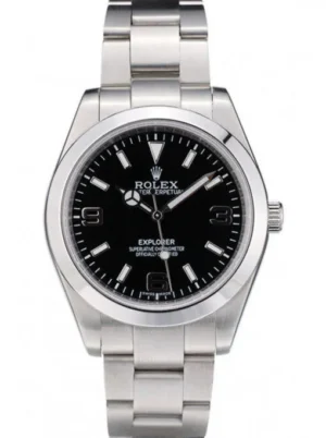 Rolex Explorer 39mm Black Dial 42002 Super Clone Rolex Explorer 39mm Black Dial 42002 Super Clone with a stainless steel case, smooth bezel, Oyster bracelet, and automatic movement.