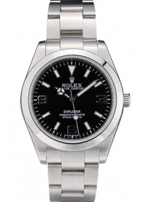 Rolex Explorer 39mm Black Dial 42002 Super Clone with a stainless steel case, smooth bezel, Oyster bracelet, and automatic movement.