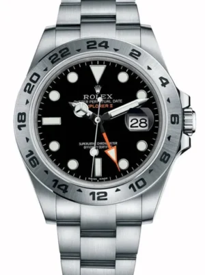 Rolex Explorer II 42mm Black Dial 216570 BKSO Super Clone Rolex Explorer II 42mm Black Dial 216570 BKSO Super Clone with a stainless steel case, fixed 24-hour bezel, Oyster bracelet, and automatic GMT movement.