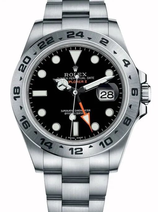 Rolex Explorer II 42mm Black Dial 216570 BKSO Super Clone Rolex Explorer II 42mm Black Dial 216570 BKSO Super Clone with a stainless steel case, fixed 24-hour bezel, Oyster bracelet, and automatic GMT movement.