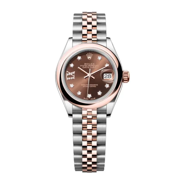 Rolex-Lady-Datejust-28mm-Ref-279161-0003-Chocolate-Diamond-Dial-Two-Tone-Stainless-Steel-18K-Rose-Gold-Jubilee-Bracelet-Womens-Watch-3 Ladies 28mm Datejust Rose Gold featuring a Star Diamond Dot Dial.