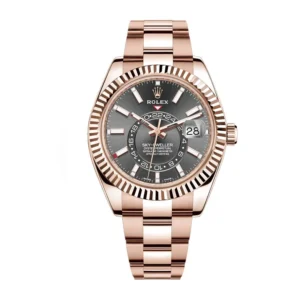 Rolex Sky-Dweller 326935-0007 “Everose Rhodium Dial” Watch Rolex Sky-Dweller 326935-0007 Everose Rhodium Dial Super Clone with a 42mm Everose gold-tone case, Oyster bracelet, fluted bezel, and automatic movement.