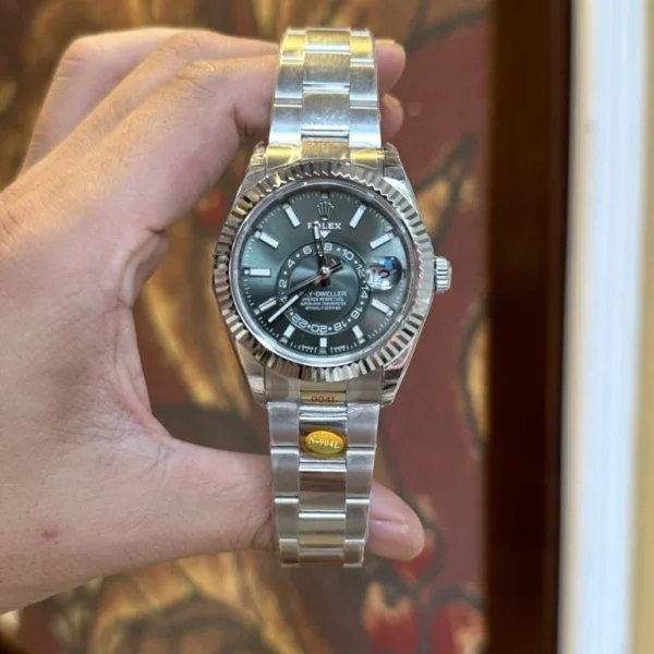 Rolex Sky-Dweller 326934 904L SS ZF Super Clone with a 42mm stainless steel case, Oyster bracelet, fluted Ring Command bezel, and automatic movement.