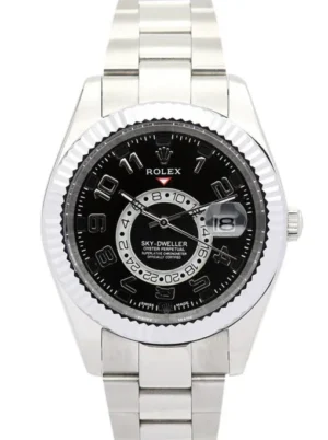 Rolex Sky-Dweller 42mm Black Dial Rolex Sky-Dweller 42mm Black Dial Super Clone with a fluted Ring Command bezel, Oyster bracelet, and automatic movement.
