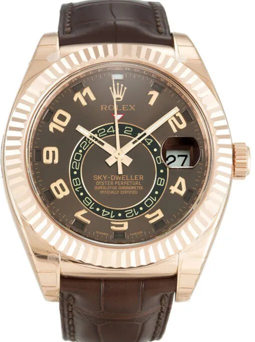 Rolex Sky-Dweller 42mm Brown Dial Super Clone with a fluted Ring Command bezel, Oyster bracelet, and automatic movement.
