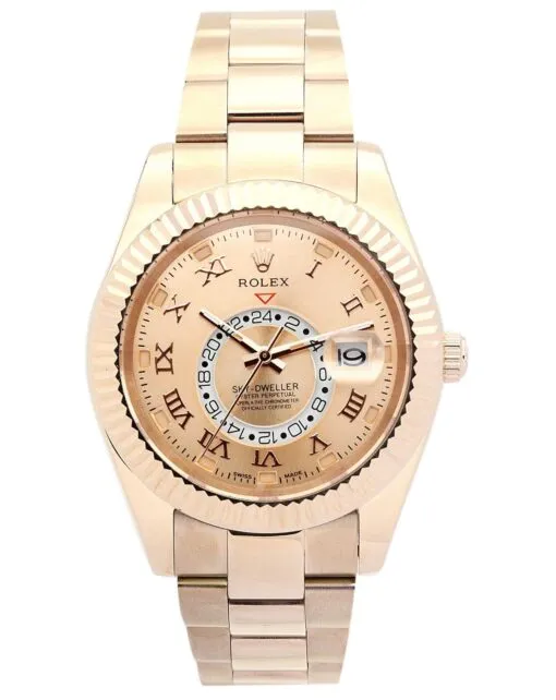 Rolex Sky-Dweller 42mm Champagne Dial Rolex Sky-Dweller 42mm Champagne Dial Super Clone with a fluted Ring Command bezel, Oyster bracelet, and automatic movement.