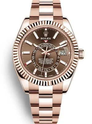 Rolex Sky-Dweller 42mm Chocolate Dial Rolex Sky-Dweller 42mm Chocolate Dial Super Clone with a fluted Ring Command bezel, Oyster bracelet, and automatic movement.