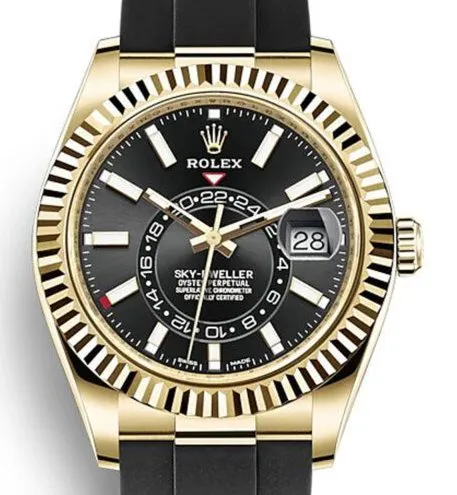 Rolex Sky-Dweller Black Dial Super Clone with a 42mm case, fluted Ring Command bezel, Oyster bracelet, and automatic movement.
