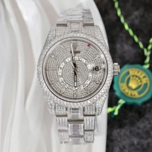 Rolex Sky-Dweller Diamonds Watch Rolex Sky-Dweller Diamonds Watch Super Clone with a diamond-set bezel, 42mm case, Oyster bracelet, and automatic movement.