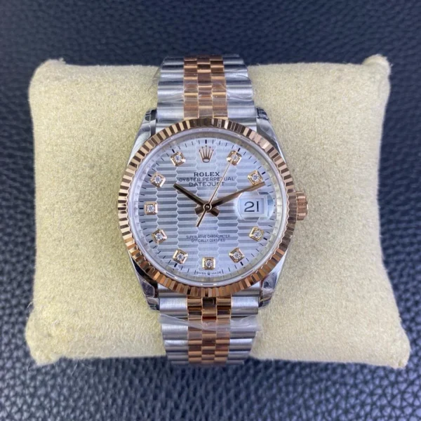 Rolex Datejust 36 126231 Two Tone Rose Gold with a silver motif diamond dial and Jubilee bracelet, 2023 model.