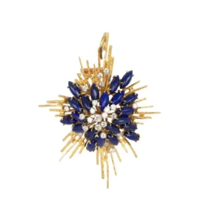Diamond Sapphire Jewelry Set featuring Ring, Earrings, and Brooch crafted in 18K Yellow Gold with Natural Blue Sapphires and Brilliant Natural Diamonds