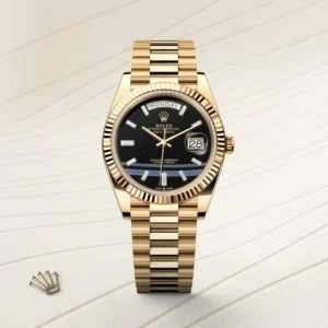 Day-Date 40 TMF Super Clone with a Yellow Gold finish, Black Crystal Dial, President bracelet, and VR3255 automatic movement.