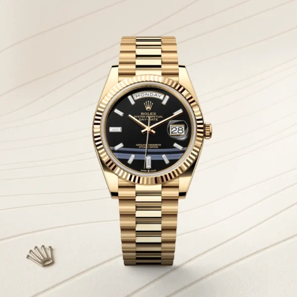 m228238-0059-gallery-01-1 Day-Date 40 TMF Super Clone with a Yellow Gold finish, Black Crystal Dial, President bracelet, and VR3255 automatic movement.
